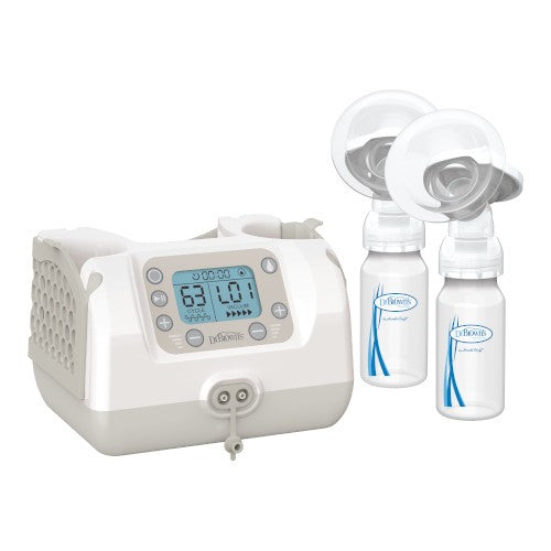 A dual electric breast pump with two milk collection bottles. The control unit features an LCD screen displaying settings, and buttons for adjustment. The bottles are attached to the pump through tubes, designed for convenient and efficient milk expression.