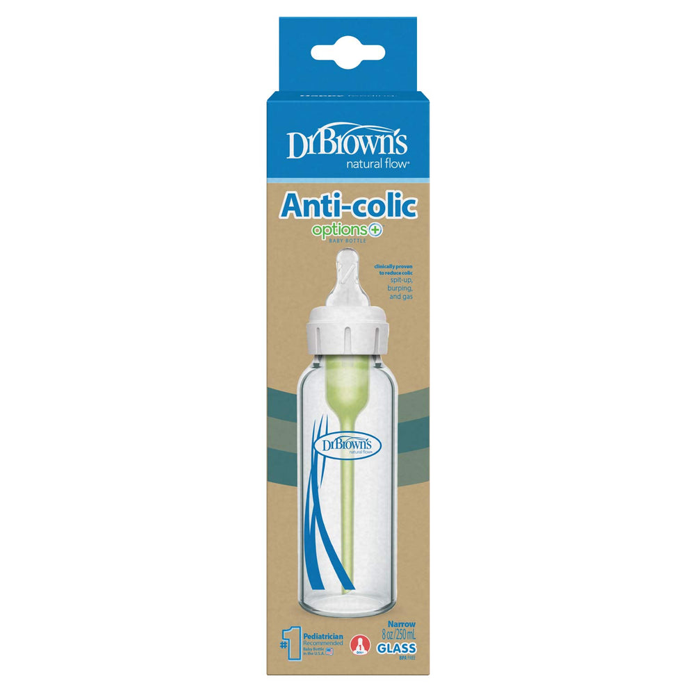 A Dr. Brown’s Natural Flow® Anti-Colic Options+™ Narrow Glass Baby Bottle, with Level 1 Slow Flow Nipple, in branded packaging featuring product details and an image of the bottle with a white nipple.