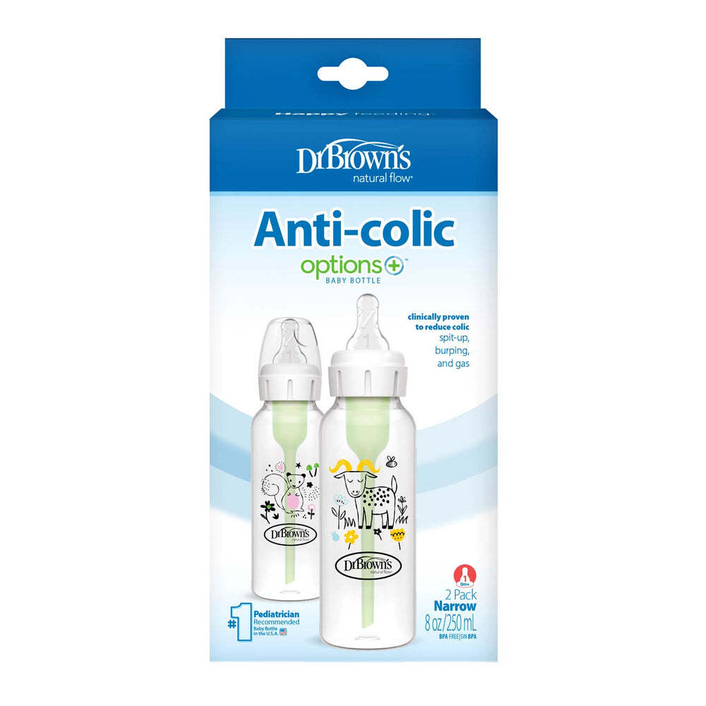 Dr. Brown’s Natural Flow® Anti-Colic Options+™ Narrow Baby Bottle 8oz/250mL 2-Pack helps reduce colic, spit-up, burping, and gas in babies. Includes two bottles. Brand: Dr. Brown's.
