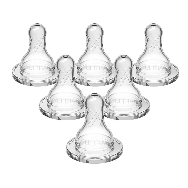 Six Dr. Brown’s™ Medical – Narrow Bottle Nipples are arranged in two rows of three on a white background; these transparent silicone nipples are compatible with Dr. Brown's Narrow Bottles.