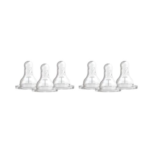 Six transparent baby bottle nipples arranged in two rows on a white background.