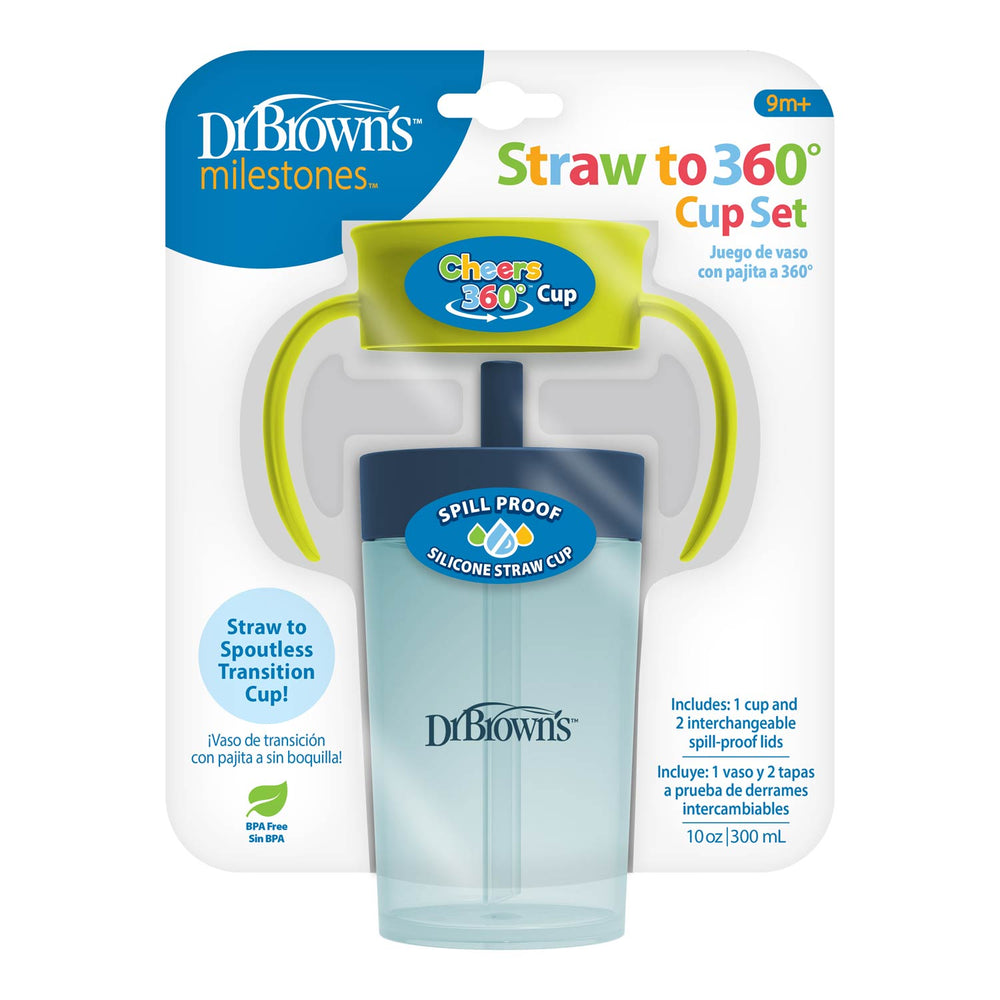 Dr. Brown’s® Milestones™ Straw to 360° Cup Set is a blue-green, spill-proof training cup with handles and silicone straw for ages 9 months+, designed to support baby sipping skills, and comes in retail packaging.