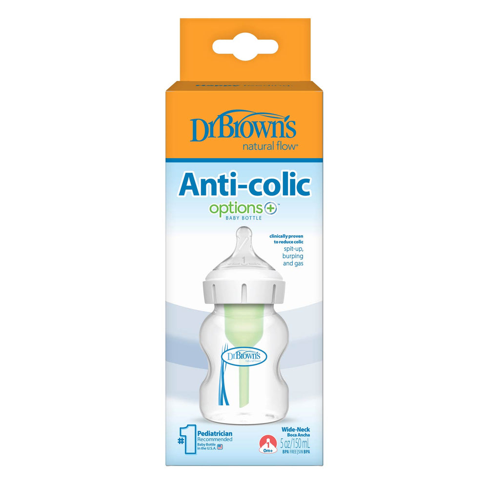 A box of Dr. Brown’s Natural Flow® Anti-Colic Options+™ Wide-Neck Baby Bottle with Level 1 Slow Flow Nipple, designed to reduce spit-up, burping, and gas for a comfortable feeding experience.