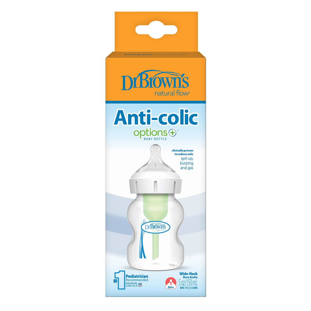 A box of Dr. Brown’s Natural Flow® Anti-Colic Options+™ Wide-Neck Baby Bottle with Level 1 Slow Flow Nipple, designed to reduce spit-up, burping, and gas for a comfortable feeding experience.