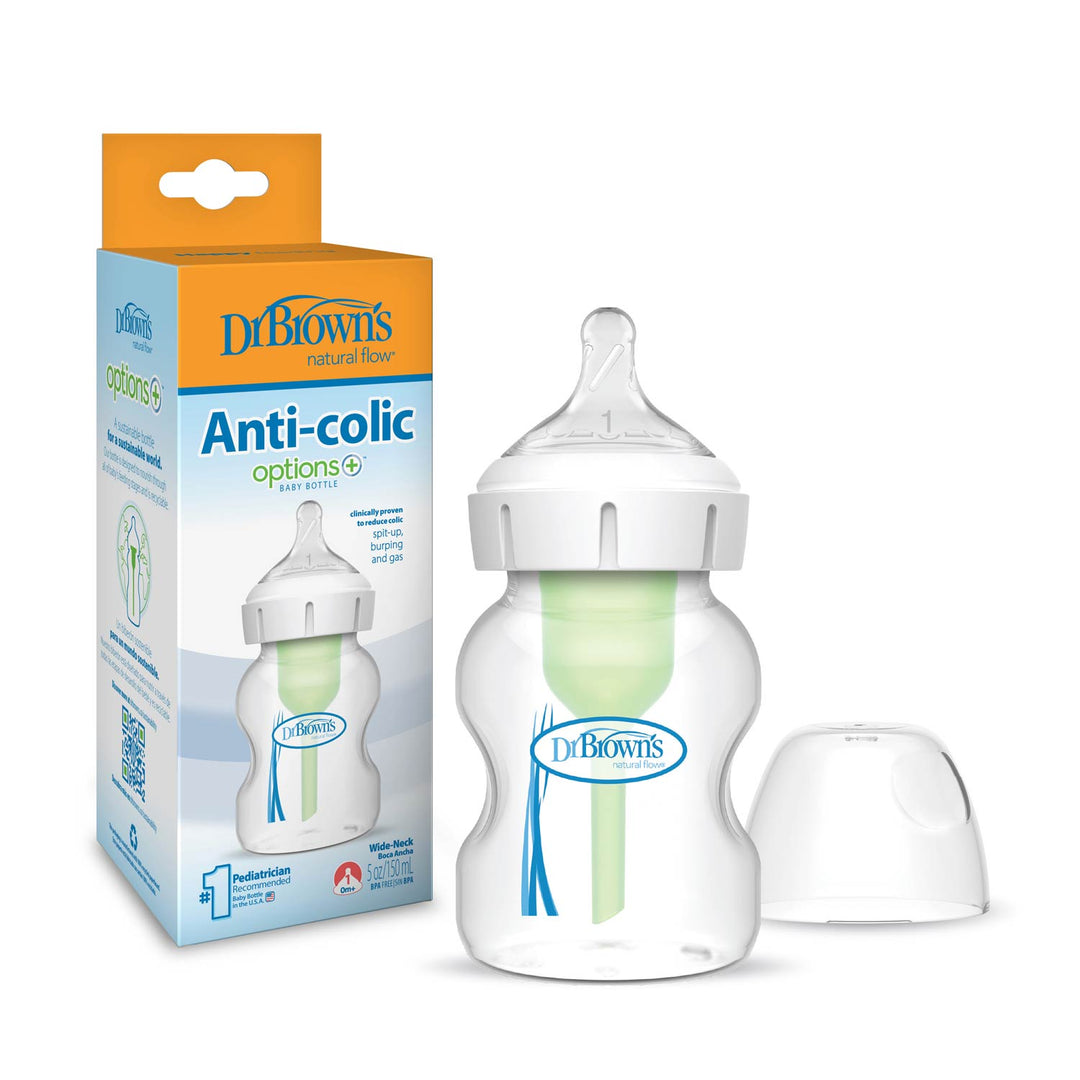 A Dr. Brown’s Natural Flow® Anti-Colic Options+™ Wide-Neck Baby Bottle with a green vent, clear cap, Level 1 Slow Flow Nipple, and packaging box showing product details and images.