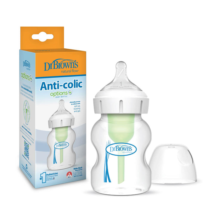A Dr. Brown’s Natural Flow® Anti-Colic Options+™ Wide-Neck Baby Bottle with a green vent, clear cap, Level 1 Slow Flow Nipple, and packaging box showing product details and images.