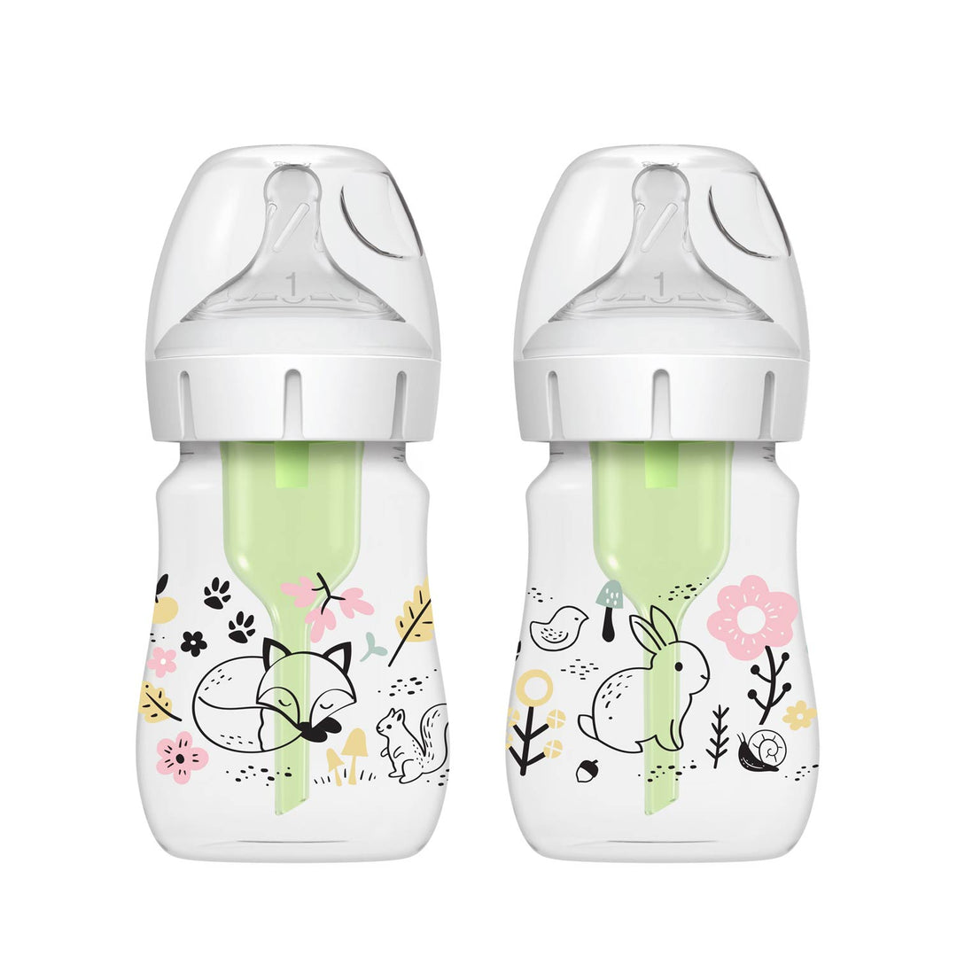 Dr. Brown’s Natural Flow Anti-Colic Options+ Wide-Neck Baby Bottle, 5oz/150mL, 2-Pack features green interior tubes, cute animal and nature prints, slow flow nipples, anti-colic design, wide silicone nipple, and clear tops.
