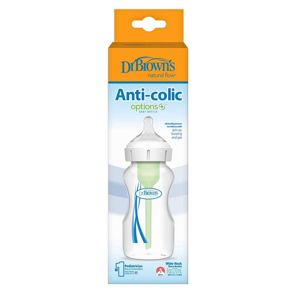 Dr. Brown’s Natural Flow® Anti-Colic Options+™ Wide-Neck Baby Bottle, with Level 1 Slow Flow Nipple, shown in packaging with a clear bottle, green vent system, blue logo, and orange-blue branding on a white background.