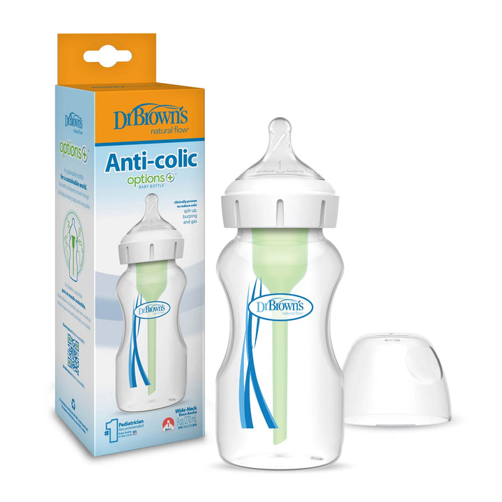 Dr. Brown’s Natural Flow® Anti-Colic Options+™ Wide-Neck Baby Bottle with Level 1 Slow Flow Nipple by Dr. Brown's is pictured beside its packaging, and a clear bottle cap is placed on the right side.