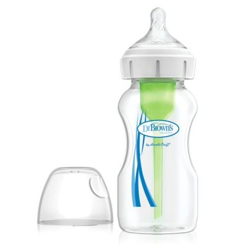 A transparent baby bottle with a green venting system inside and a clear cap beside it. The bottle has blue lines and the Dr. Brown's logo on the front.