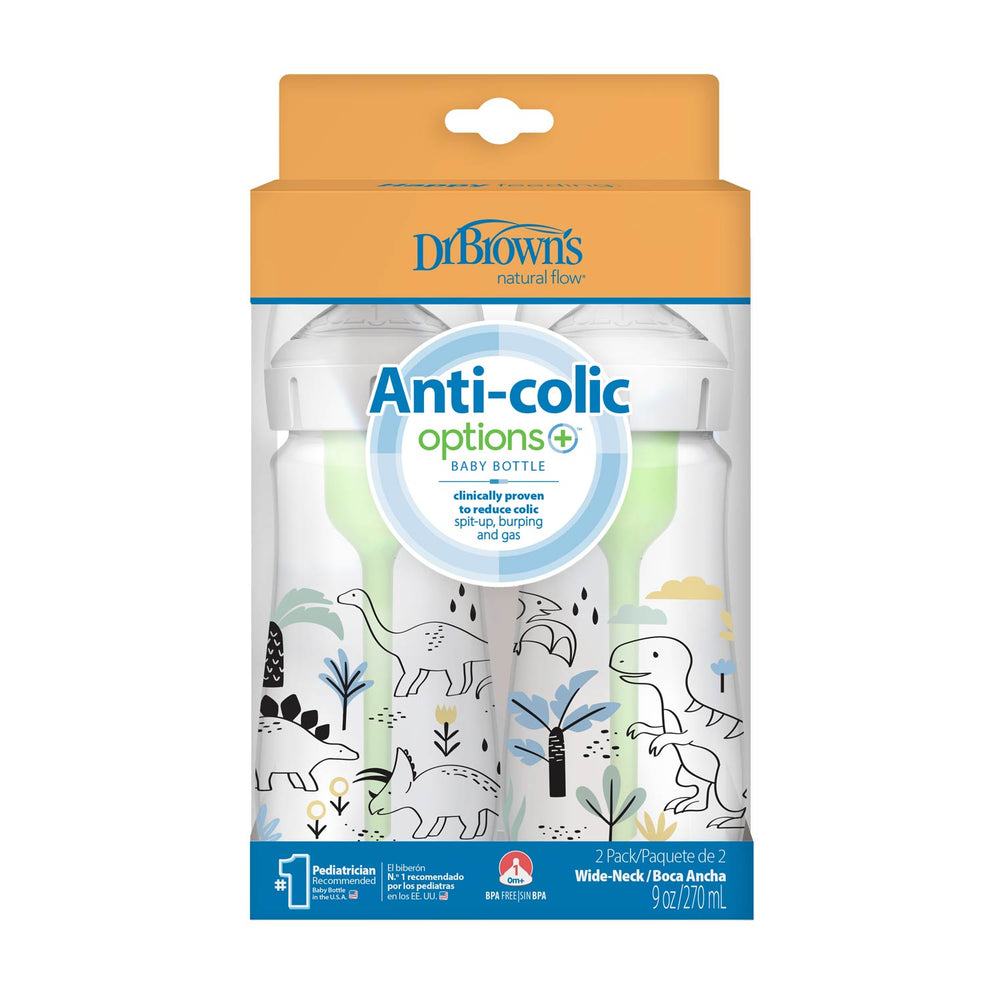 Dr. Brown’s Natural Flow Anti-Colic Options+ Wide-Neck Baby Bottle, 9oz/270mL, 2-Pack, features playful dinosaurs on the bottles. The orange and blue Dr. Brown’s box has a clear window displaying both bottles inside.