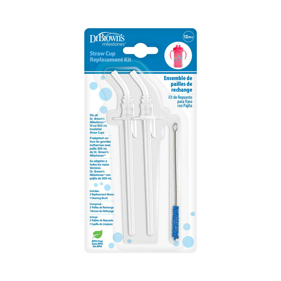 The Dr. Brown's Milestones Insulated Straw Cup Replacement Kit includes two white straws, connectors, and a blue cleaning brush. Ideal for kids 12 months+, it ensures your straw cup remains in excellent condition. Instructions are available in English, French, and Spanish.