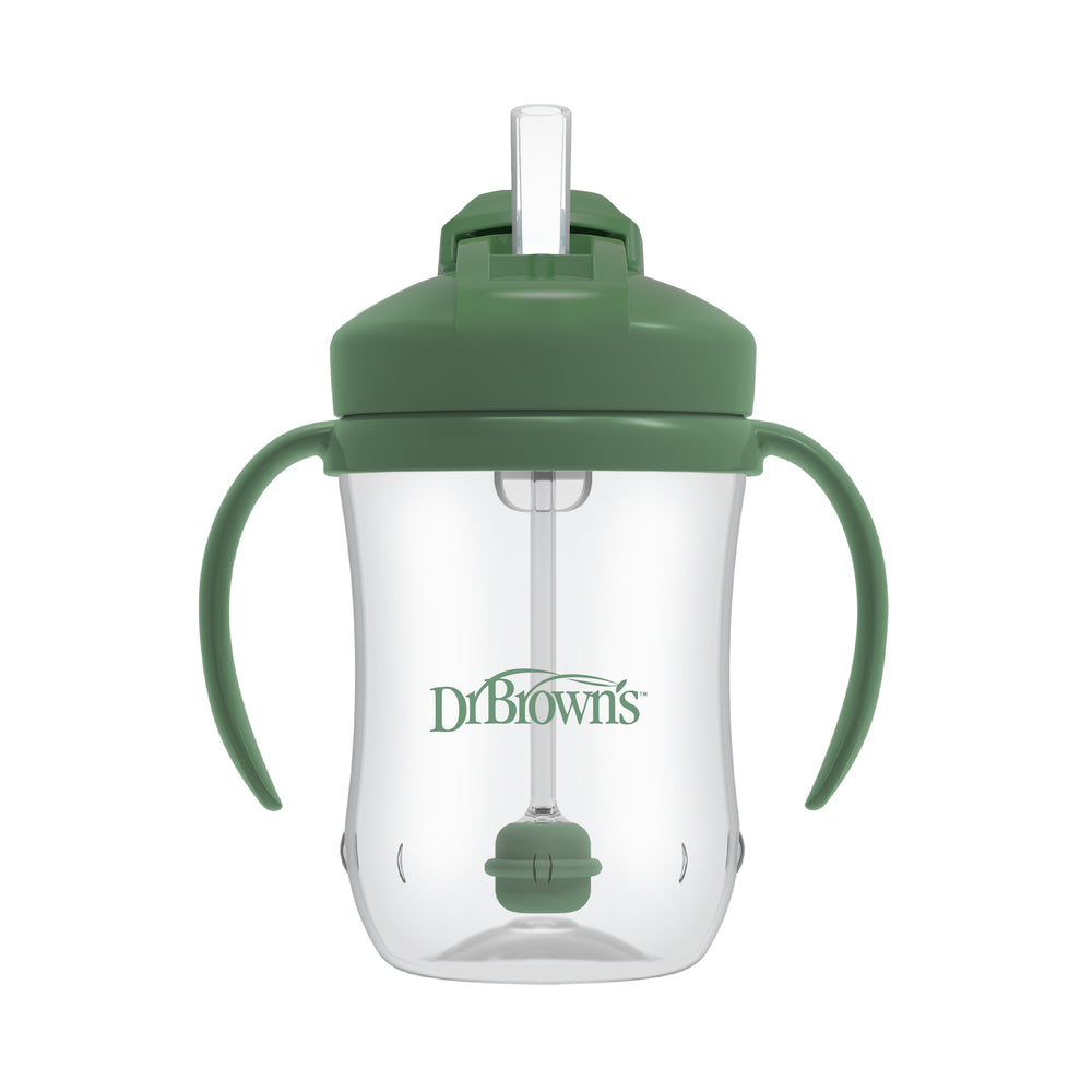 Introducing Dr. Brown’s™ Milestones™ Baby’s First Straw Cup by Dr. Brown's: a transparent sippy cup with green handles and a lid, equipped with a weighted straw for easy sipping. This spill-proof design ensures little ones can enjoy their drinks without the mess.