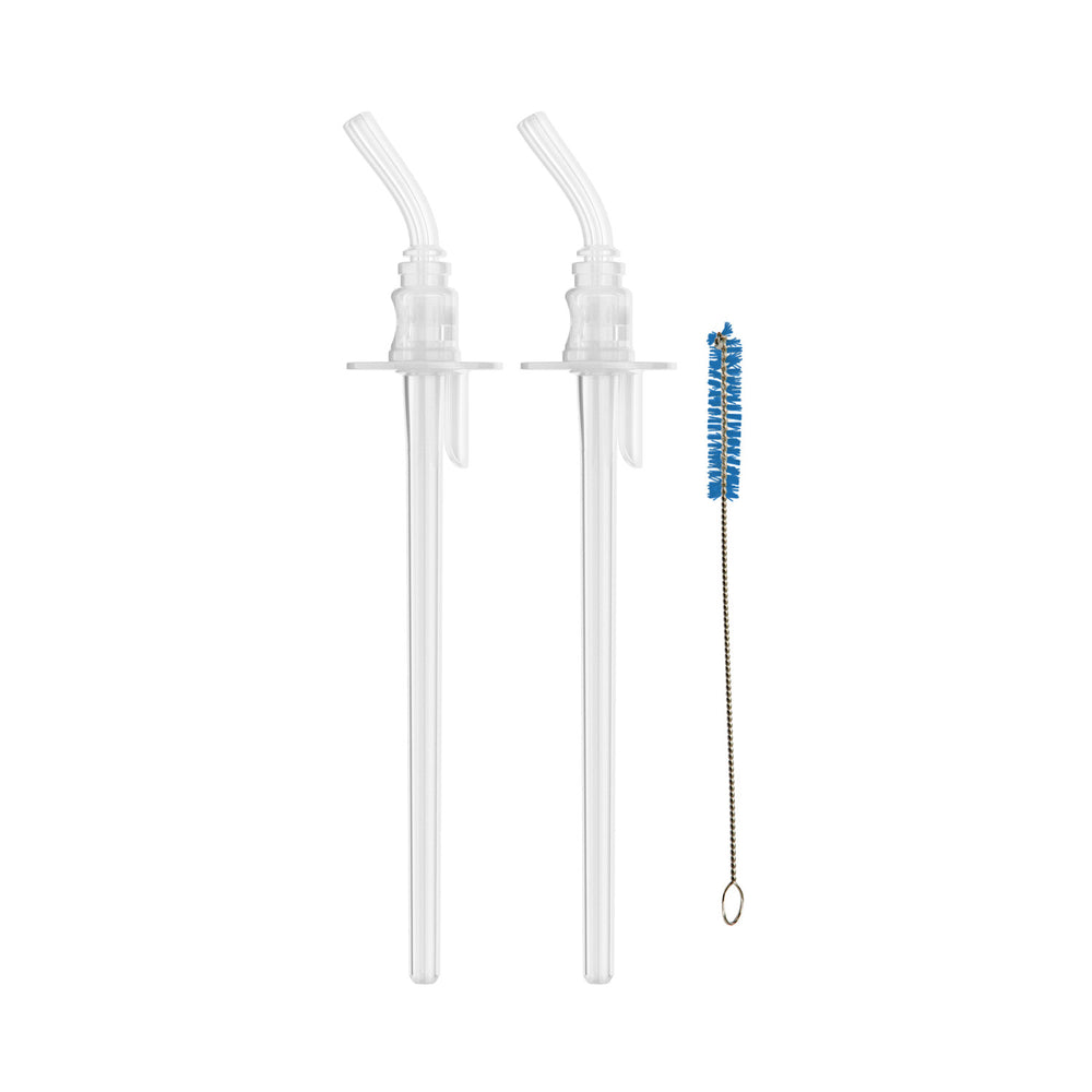 The Dr. Brown’s® Milestones™ Insulated Straw Cup Replacement Kit features two transparent, angled nozzle water flosser tips resembling sleek sippy straws and a thin cleaning brush with blue bristles, all elegantly presented against a pristine white background.
