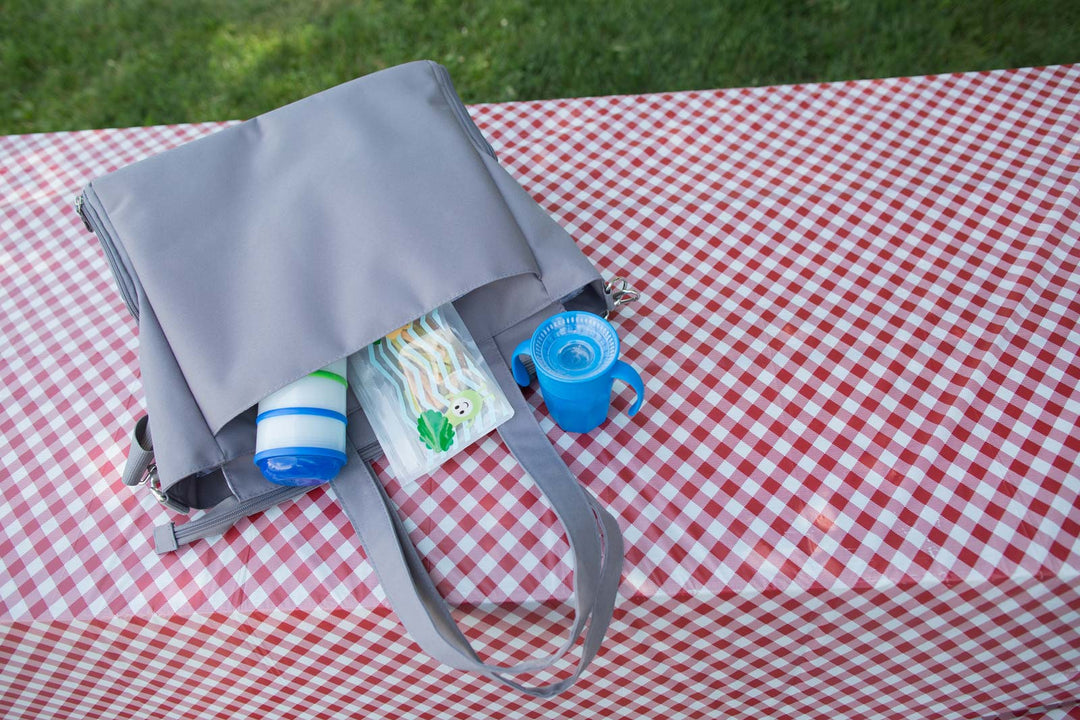 Breast pump carry all tote with Snack-a-Pillar and cup w/ handles