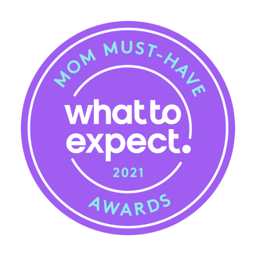 A circular purple badge with the text "Mom Must-Have Awards 2021. What to Expect" in the center, surrounded by a turquoise outer ring.