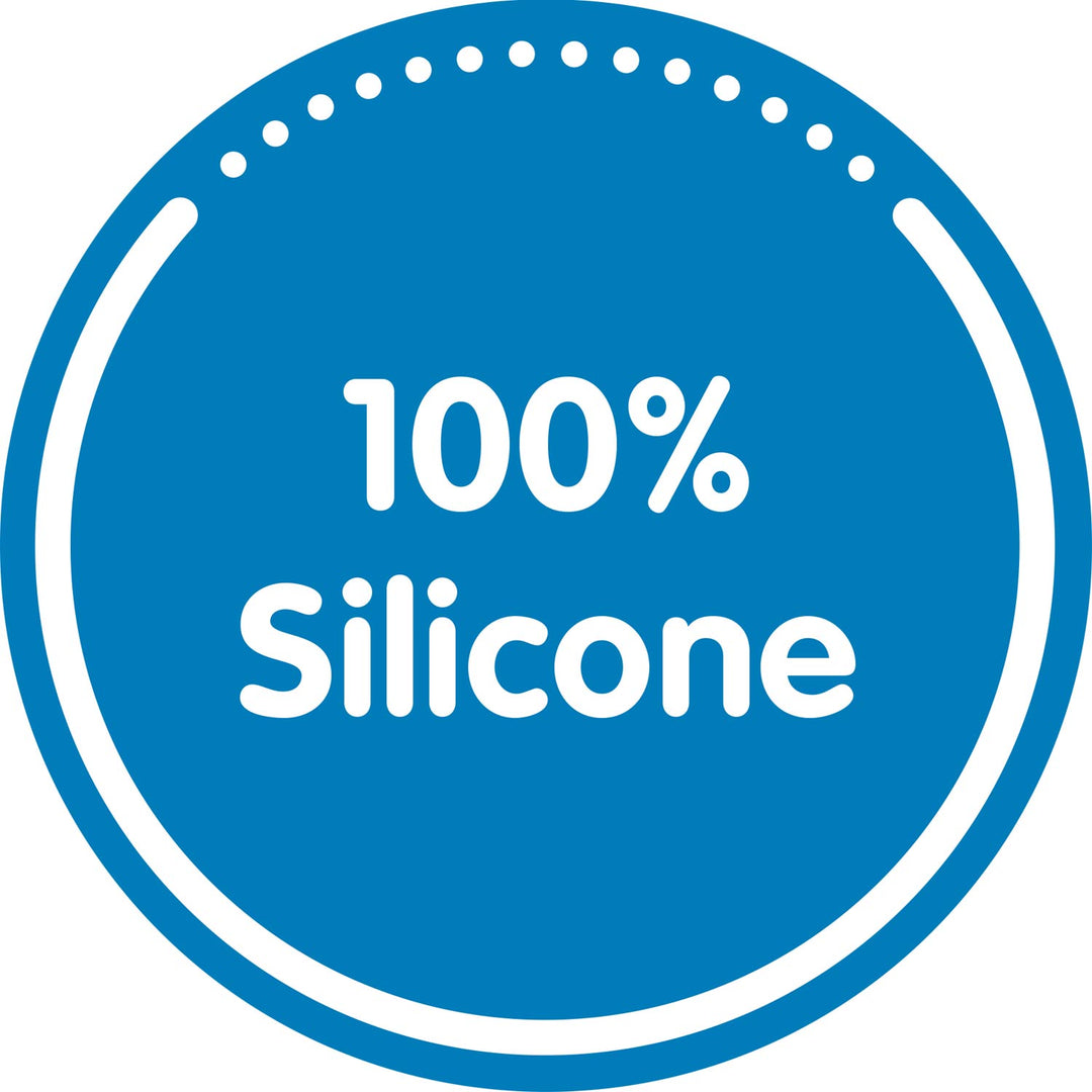 Blue circle with '100% Silicone' text in white