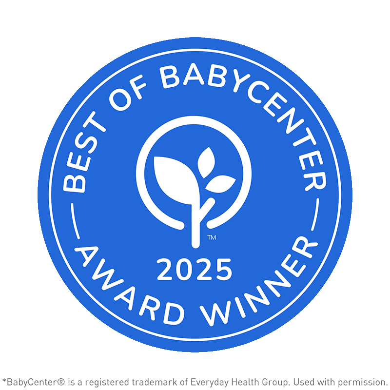 Blue and white 'Best of BabyCenter 2025 Award Winner' logo on a black background