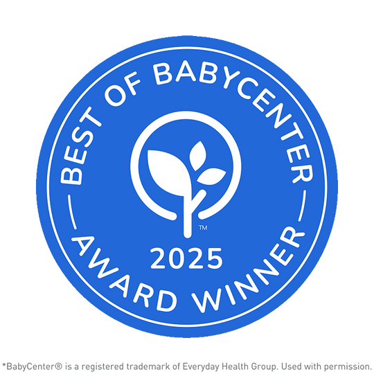 Blue and white 'Best of BabyCenter 2025 Award Winner' logo on a black background
