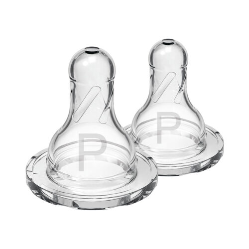 Two transparent baby bottle nipples with wide bases are standing upright. They are made of clear silicone and have a simple, rounded design. A letter "P" is etched on each nipple, indicating compatibility or size.