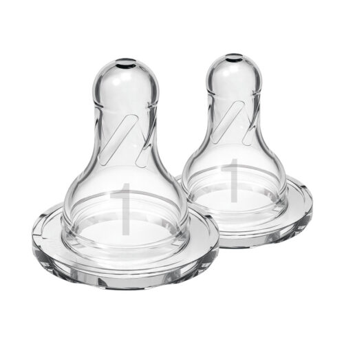 Two clear baby bottle nipples are displayed upright. The number "1" is printed on each, indicating flow level. The nipples have slightly angled sides and a round base. They are designed for use with baby bottles.