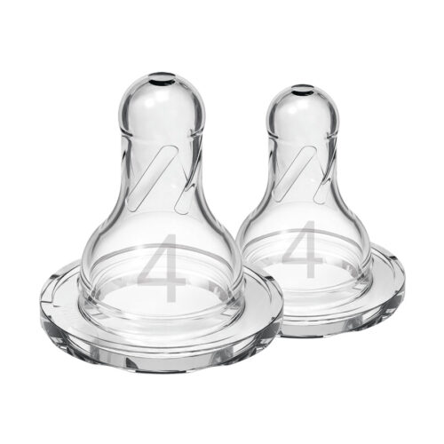 Two transparent baby bottle nipples with the number 4 printed on them, standing upright on a white background.