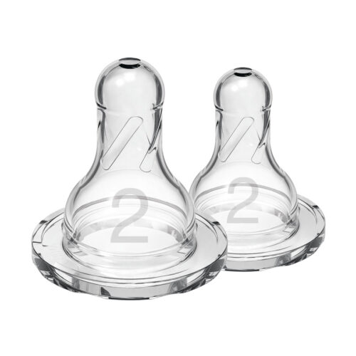 Two transparent baby bottle nipples marked with the number "2" on the base. They are placed side by side on a white background, showcasing their design and structure.