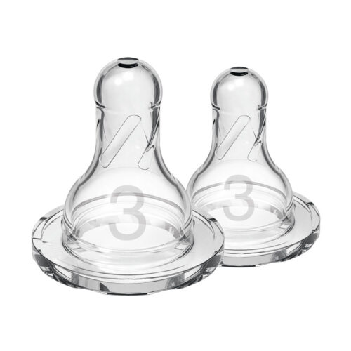 Two clear baby bottle nipples with the number 3 printed on them, placed upright against a white background.