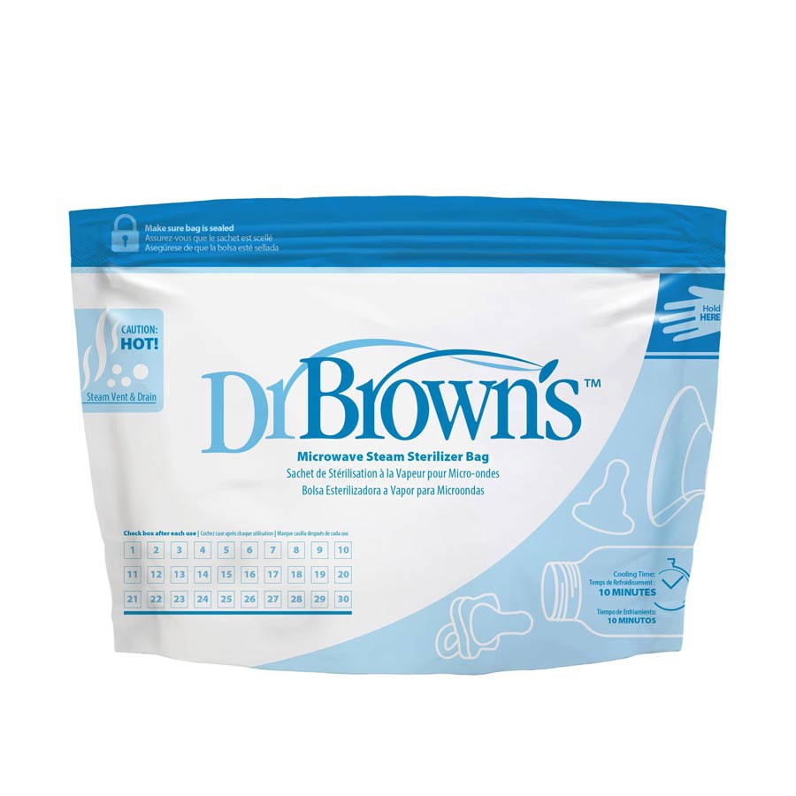 The Dr. Brown's Microwave Steam Sterilizer Bags, 5-Pack, come in travel-friendly packaging with a blue design set against a white background. The front displays a heat caution along with visuals of baby bottle items, and usage instructions are conveniently printed on the lower part.