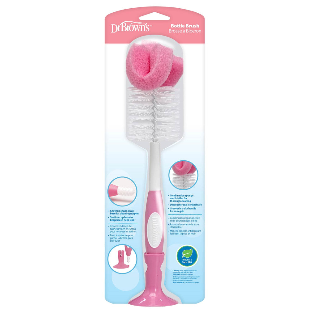 Dr. Brown's Natural Flow® Baby Bottle Brush features a bristle and sponge head, a textured handle, and English/French info on the packaging—ideal for cleaning bottles and nipples.