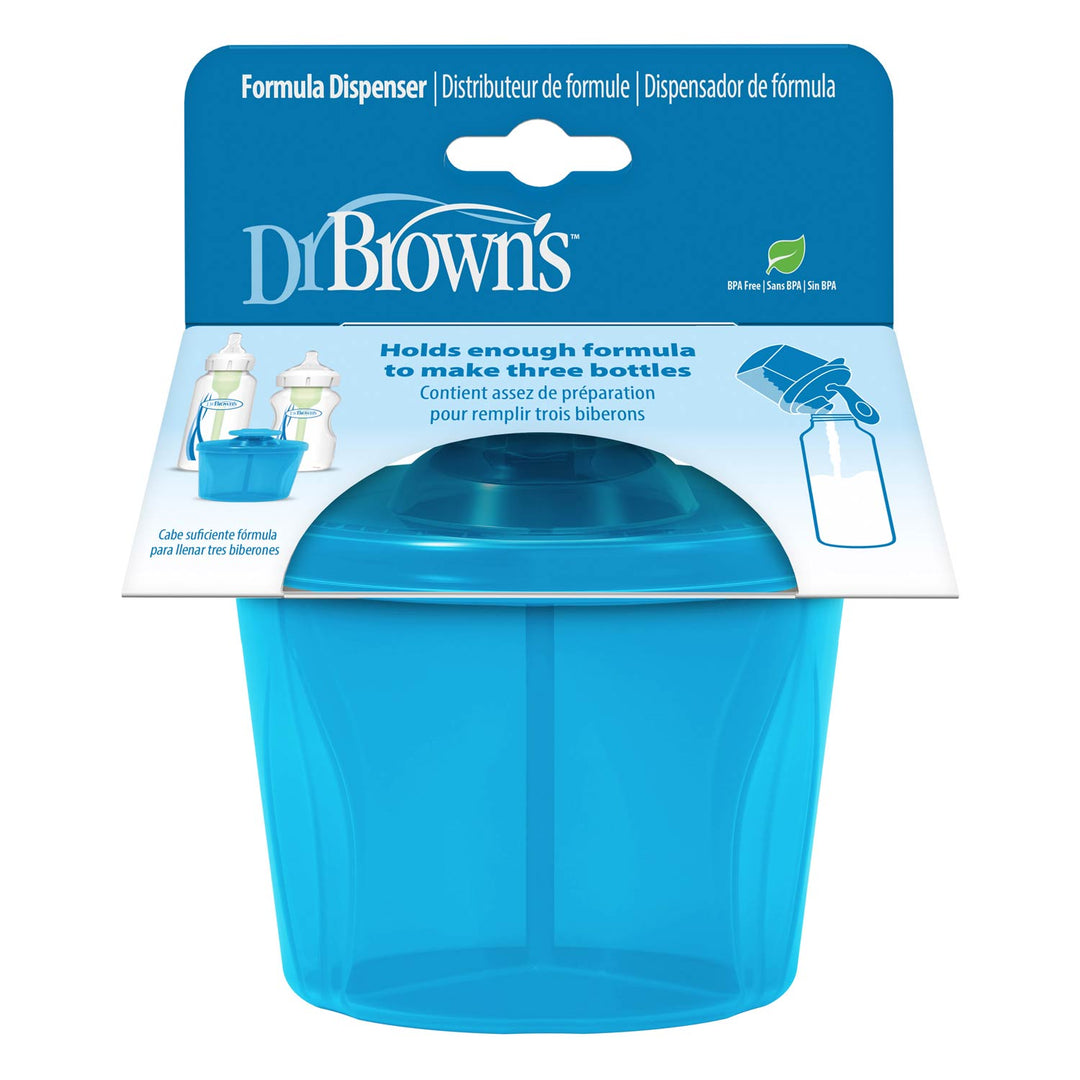 Dr. Brown's blue formula dispenser with its blue and white retail card packaging.
