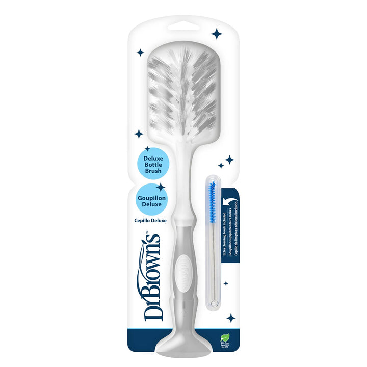 Dr. Brown's™ Deluxe Bottle Brush, by Dr. Brown's, comes in packaging and features a white and gray handle plus an included blue detail brush for cleaning baby bottles.