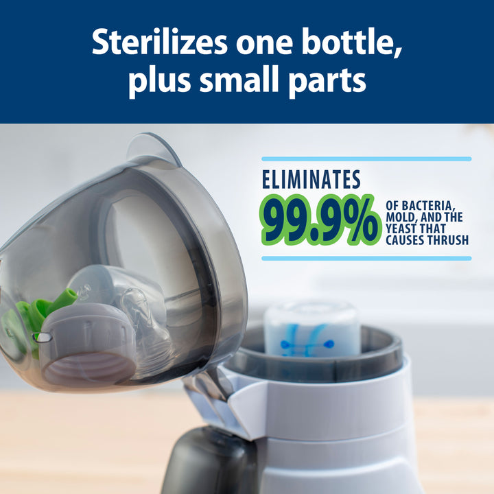 Baby bottle sterilizer with text claiming to eliminate 99.9% of bacteria, mold, and yeast.