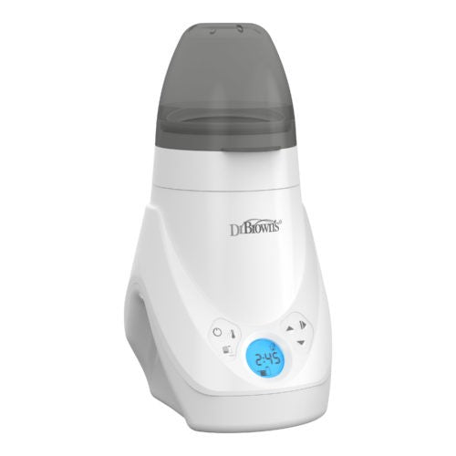 A white electric bottle warmer with a digital display showing "2:45." The top has a translucent grey cover, and buttons are visible on the front. The brand name "Dr. Brown's" is printed in black on the body.