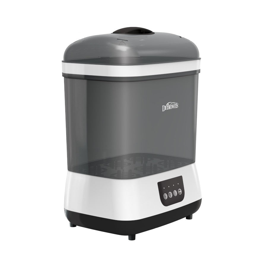 A portable washing machine with a gray translucent lid and white body featuring a digital control panel with four buttons on the front.