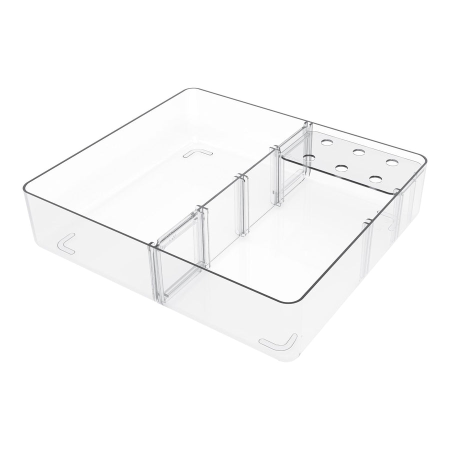 Clear plastic drawer organizer tray with multiple compartments and a perforated side panel