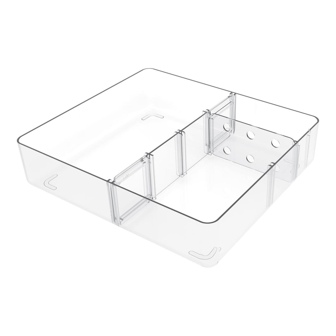 Clear plastic organizer tray with a rectangular base, raised walls, and internal divider panels