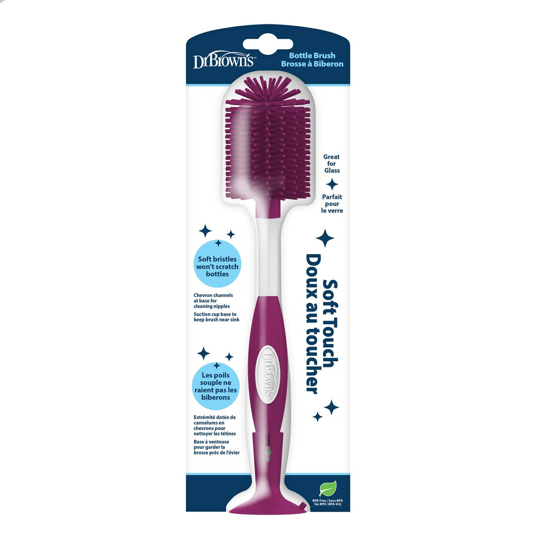 Dr. Brown's Soft Touch bottle brush in a dark pink and white color scheme, shown in its retail packaging against a white background.