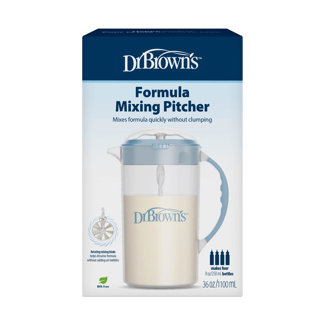 Dr. Brown's Formula Mixing Pitcher in its retail packaging, featuring a 36 oz (100 mL) pitcher with a light blue handle and lid, shown on a white background.