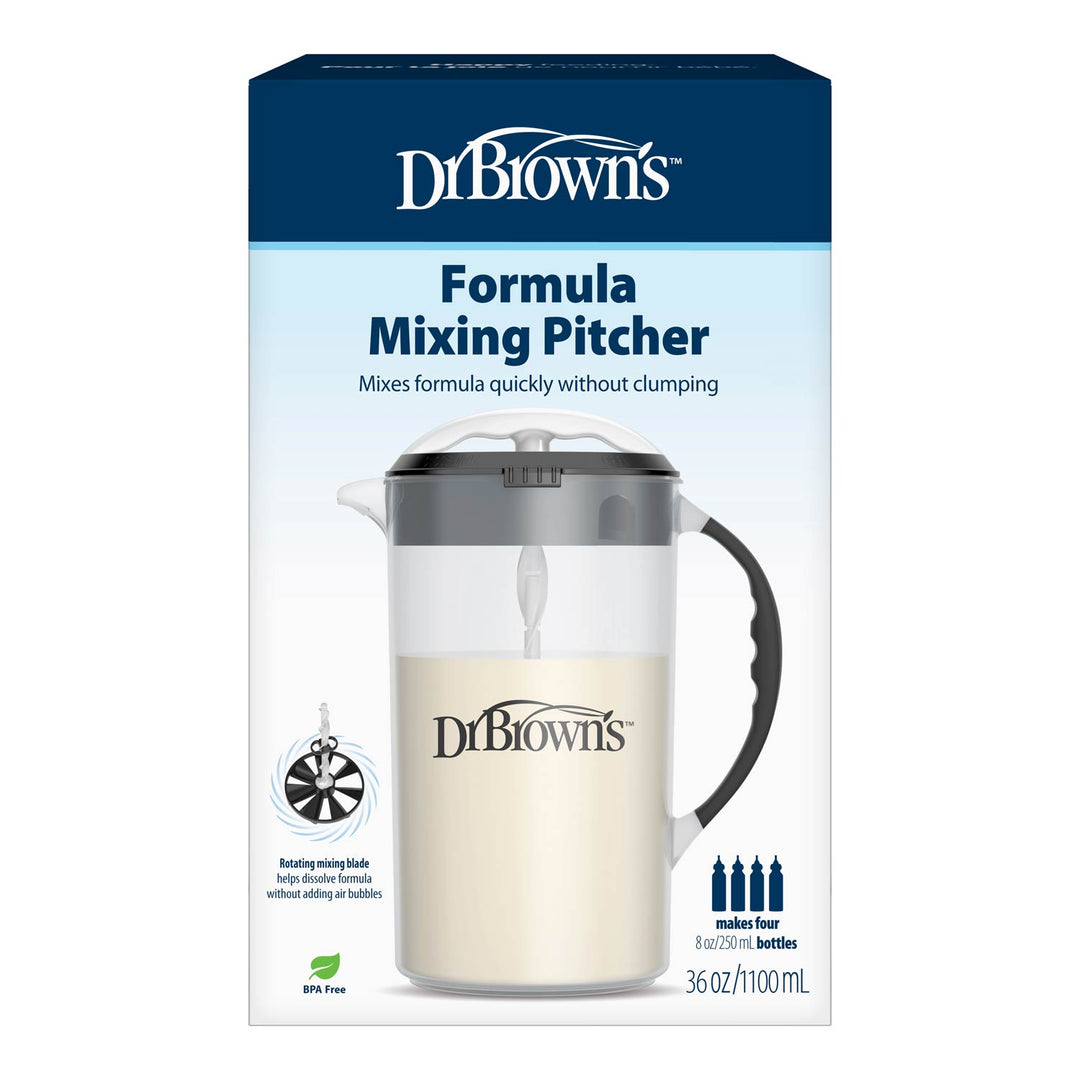 Dr. Brown's Formula Mixing Pitcher in its retail packaging, featuring a 36 oz clear pitcher with a black handle and lid, shown on a white background.