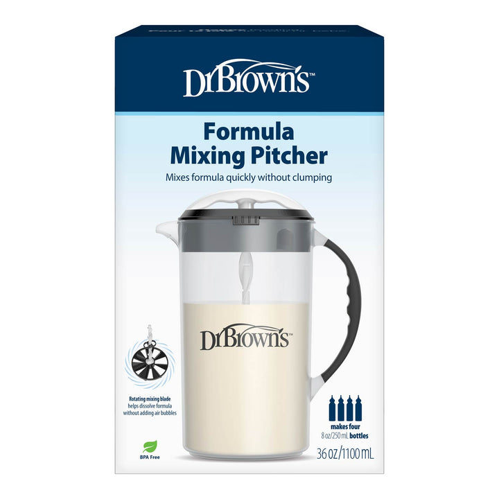 Dr. Brown's Formula Mixing Pitcher in its retail packaging, featuring a 36 oz clear pitcher with a black handle and lid, shown on a white background.