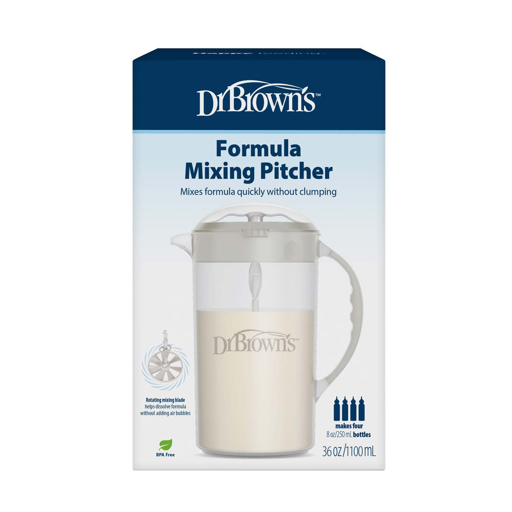 Dr. Brown's® Formula Mixing Pitcher box shows a clear pitcher with handle, mixing blade, and measurement marks. It quickly blends formula without clumps and prepares enough for four 8oz/250ml baby bottles at a time.
