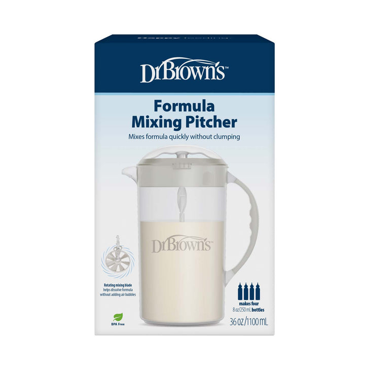 Dr. Brown's® Formula Mixing Pitcher box shows a clear pitcher with handle, mixing blade, and measurement marks. It quickly blends formula without clumps and prepares enough for four 8oz/250ml baby bottles at a time.