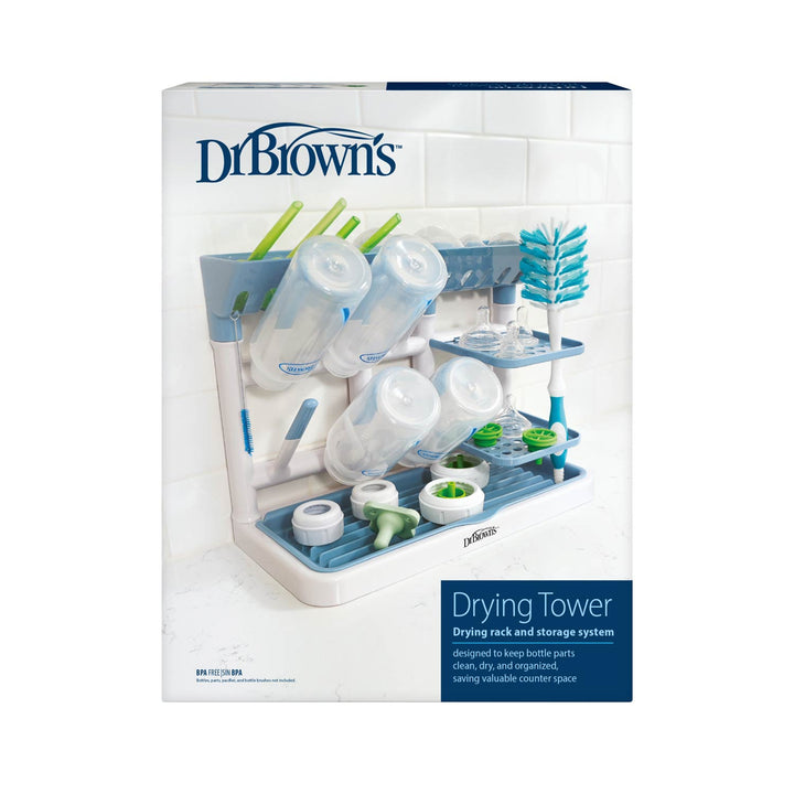 Dr. Brown's Drying Tower baby bottle and diaper rack in its retail packaging, featuring a white and light blue design with green accents.