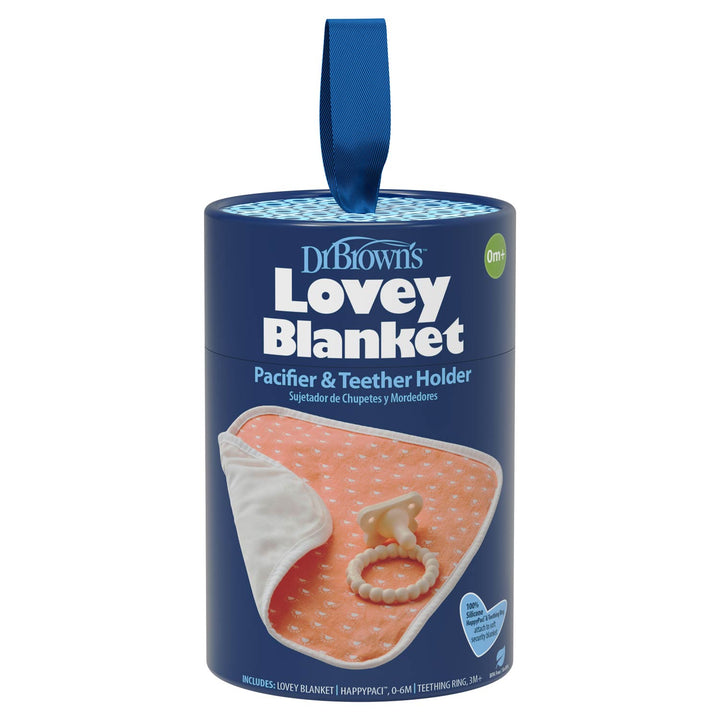 A dark blue cylindrical package labeled "Dr. Brown's™ Lovey Blanket Pacifier and Teether Holder" displays an orange blanket with white trim, a teether inside, and a blue ribbon; suitable for newborns (0+ months). By Dr. Brown's.