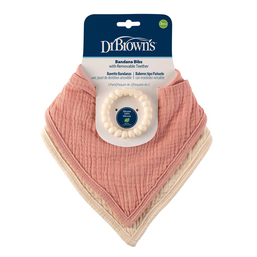 Muslin Bandana Bib w/ Removable Beaded Teether, Pink/Cream Colored, Packaged