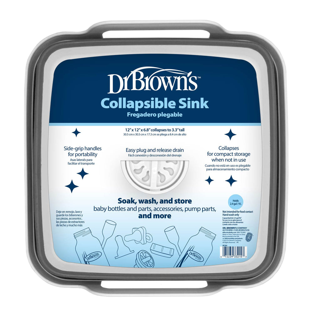 Dr. Brown's Collapsible Sink packaging with gray sink.