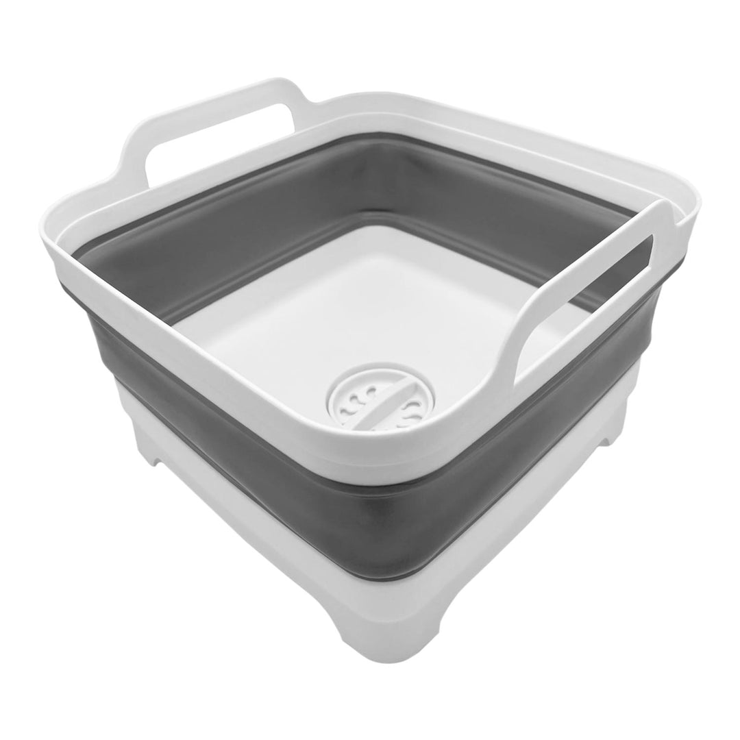 Collapsible washing basin with gray interior, opened