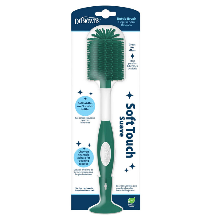 Dr. Brown’s green and white bottle brush in packaging, labeled “Soft Touch,” with product features listed in English and Spanish on the front.