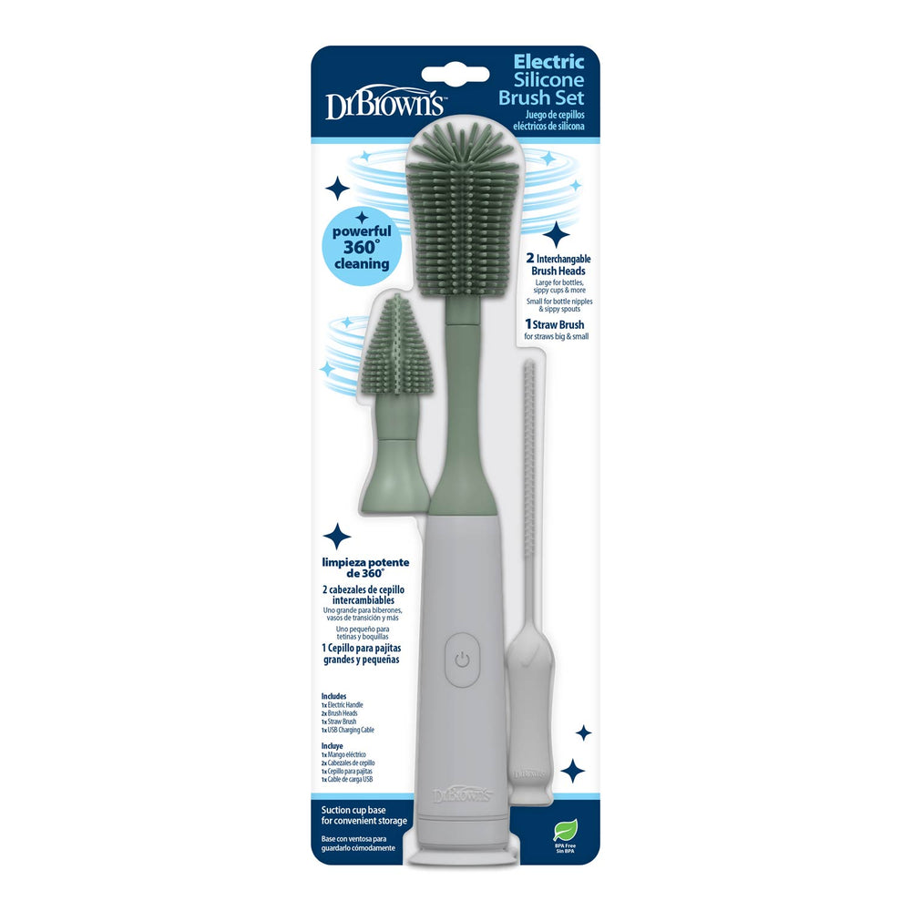 Dr. Brown's™ Electric Silicone Brush Set includes an electric handle and two silicone heads for effortless baby bottle cleaning, with 360° coverage and a strong suction cup base.